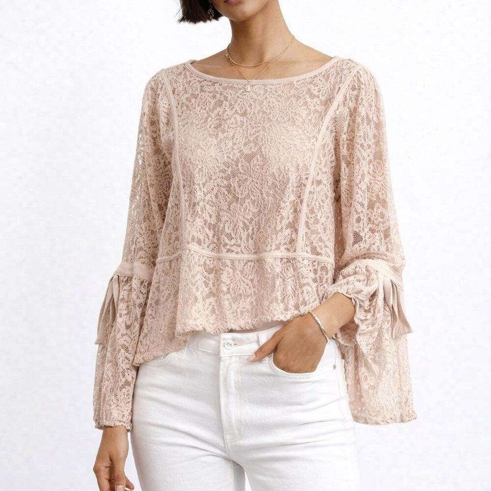 Susan Bristol Blush Lace Peplum Top Size Large Romantic Boho Blouse semi sheer